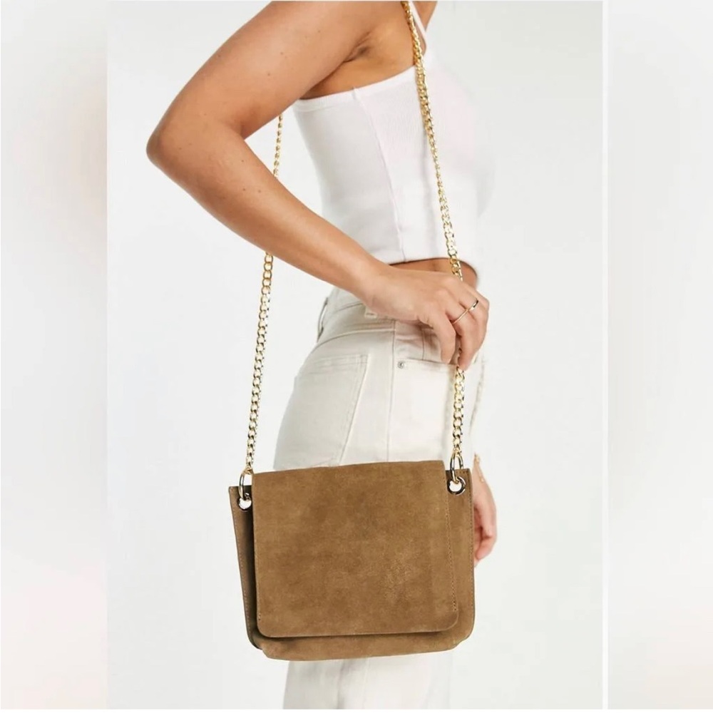 NWT Urbancode London suede flapover chain strap crossbody bag in taupe